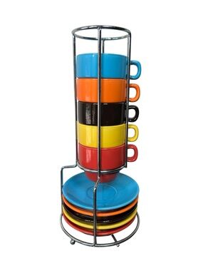 World Market Stacking 5 Cups 5 Saucers  3 Oz Ceramic Multi Color & Chrome Stand